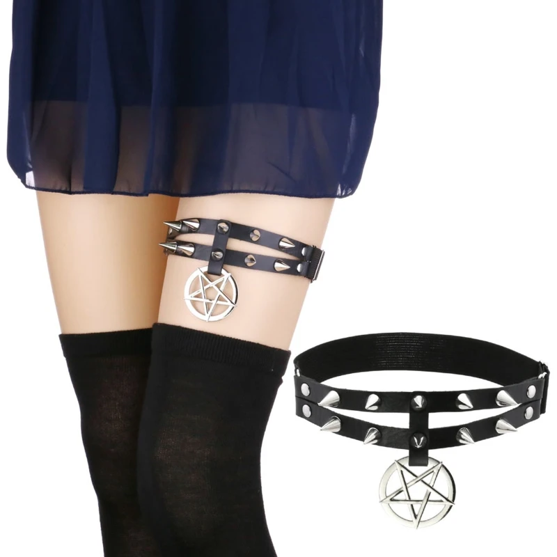 

Q39C Fashion PU Leather with Five-pointed Star Decor Leg Chain Women Thigh Chain Punk Jewelry Halloween Cosplay Party Jewelry