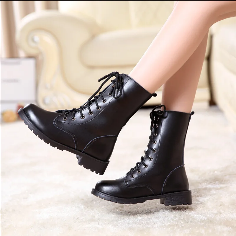 Plus Size 35-43 Women Leather Boots Side Zip Boots Modern Female Fleece Lining Motorcycle Shoes Winter Snow Footwear