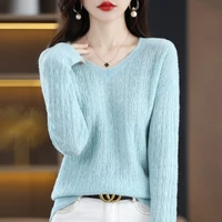 2022 summer new 100 pure wool knitted sweater ladies v neck jacquard pullover solid color fashion temperament top all match