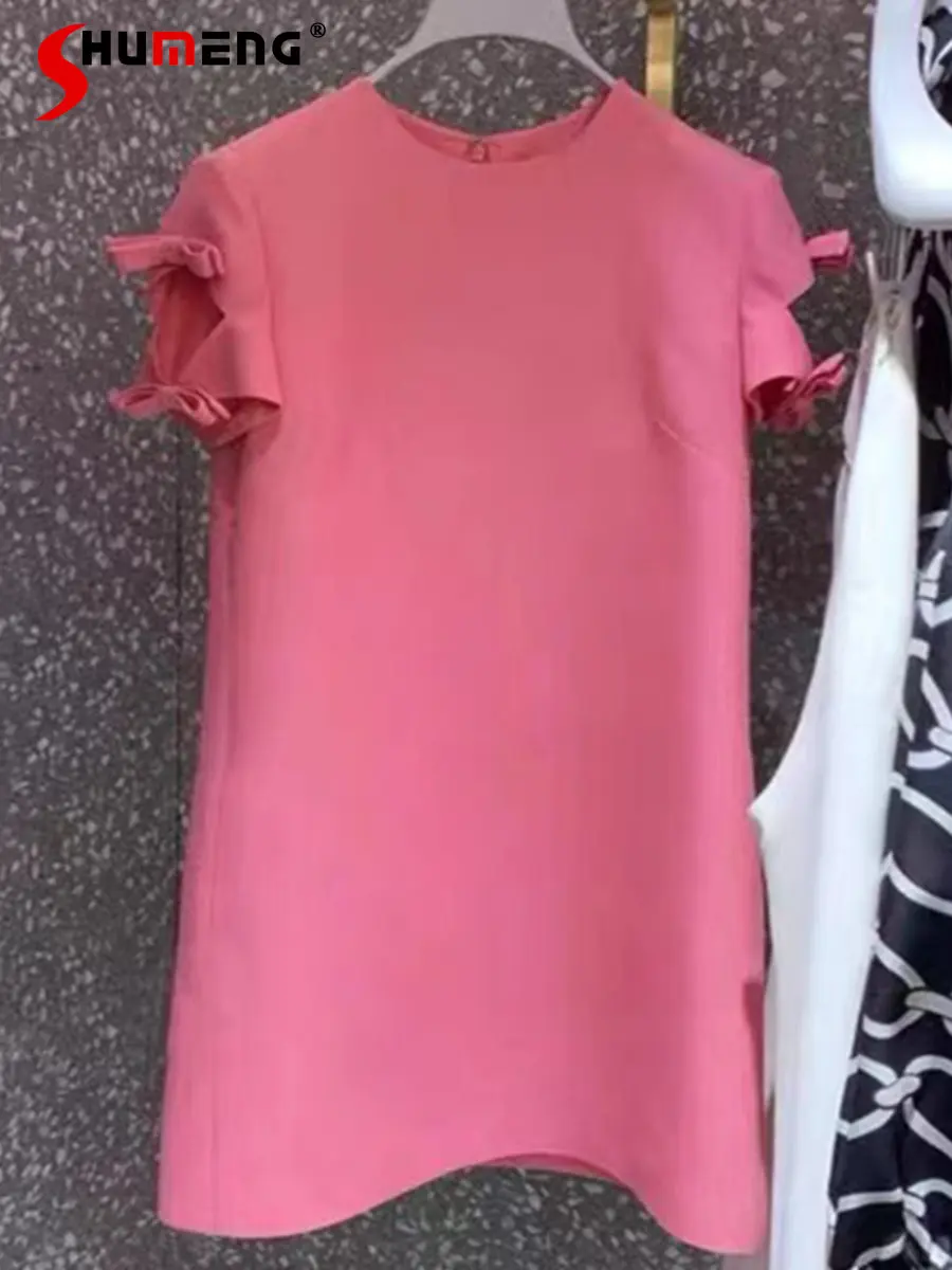 2023 Summer New Ladies Fashion Elegant Short Sleeve Above Knee Dress French Style Sweet Trendy Orange Pink Bow Design Dress