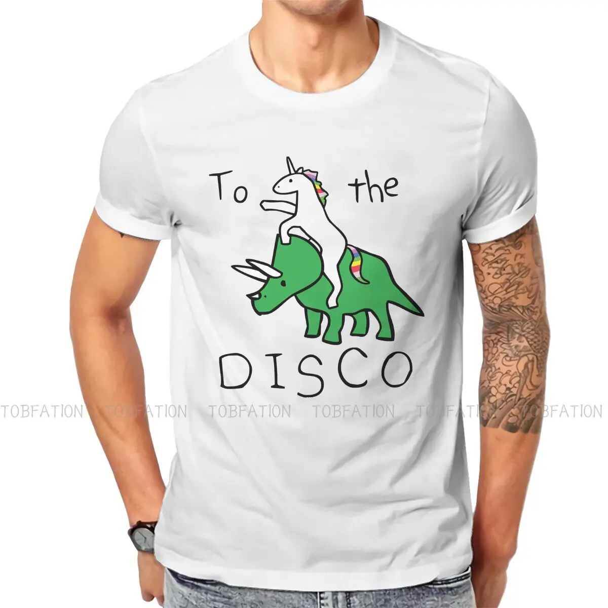 

To The Disco Unicorn Riding Triceratops O Neck TShirt Meme Design Pure Cotton Basic T Shirt Man's Tops Fashion Fluffy Hot Sale