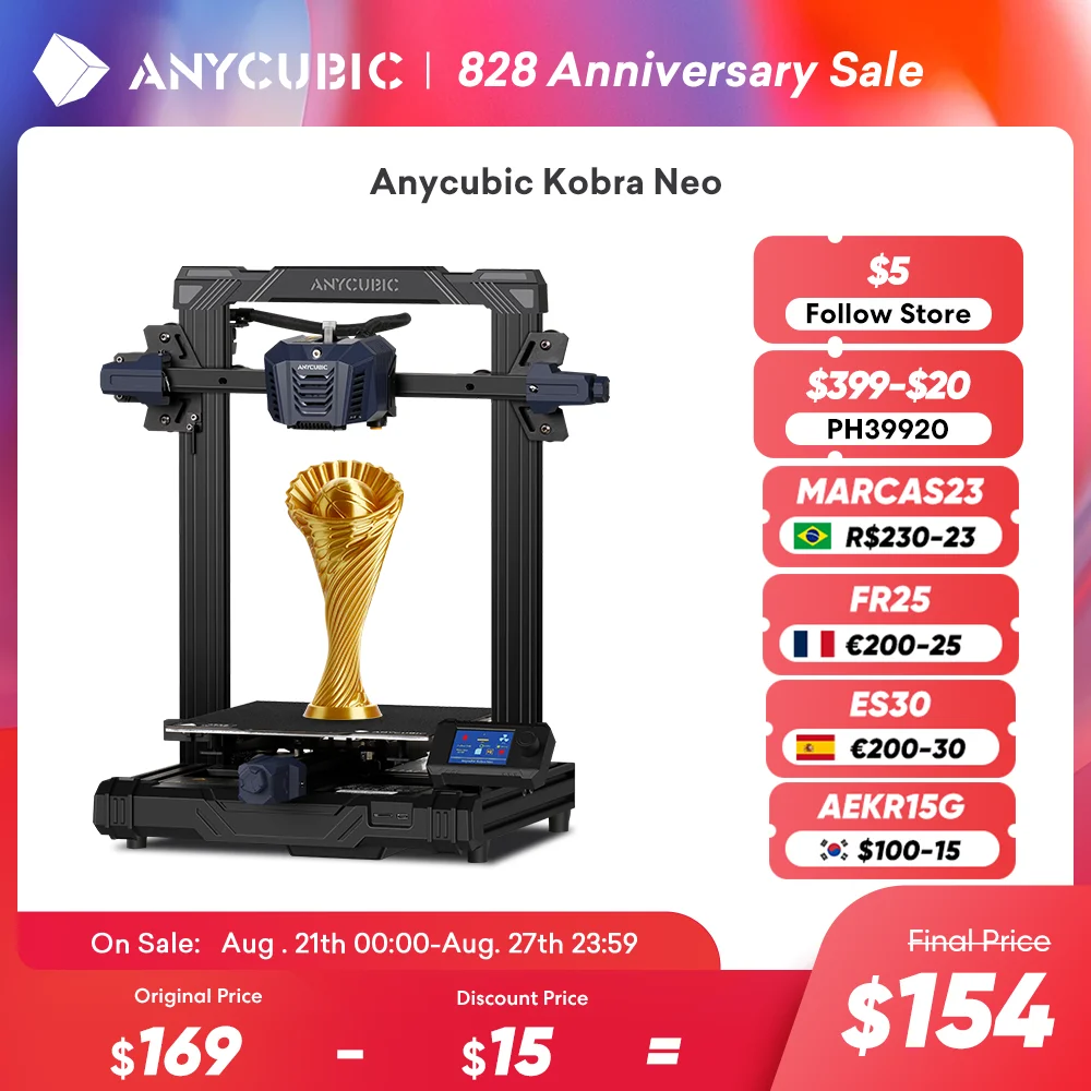 

ANYCUBIC KOBRA NEO FDM 3D Printer High Printing Speed 3D Printing 22*22*25cm Printing Size 25 Points Auto-leveling