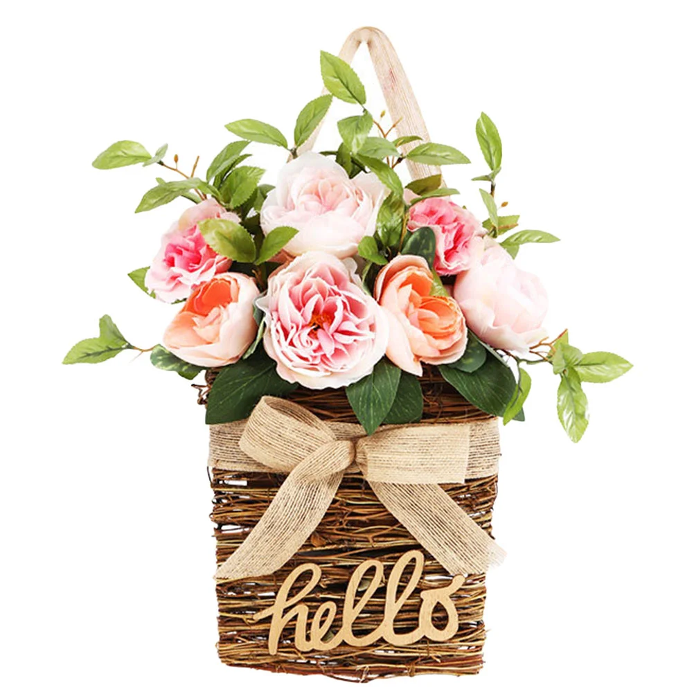 

Flower Hanging Wreath Door Sign Fake Artificial Basket Hello Baskets Front Wooden Wall Plaque Faux Welcome Garland Rustic Floral