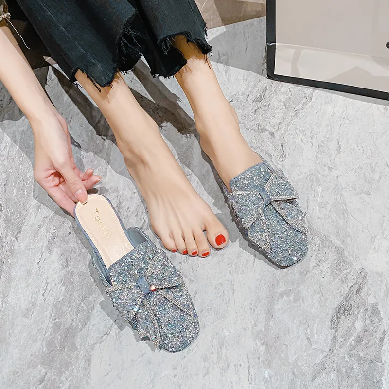 Fashion Half Slippers for Women Wearing Bow Shaped Rhinestone Slides Sandals Summer Outings Flat Soled Mules Shoes Ladies Shoes