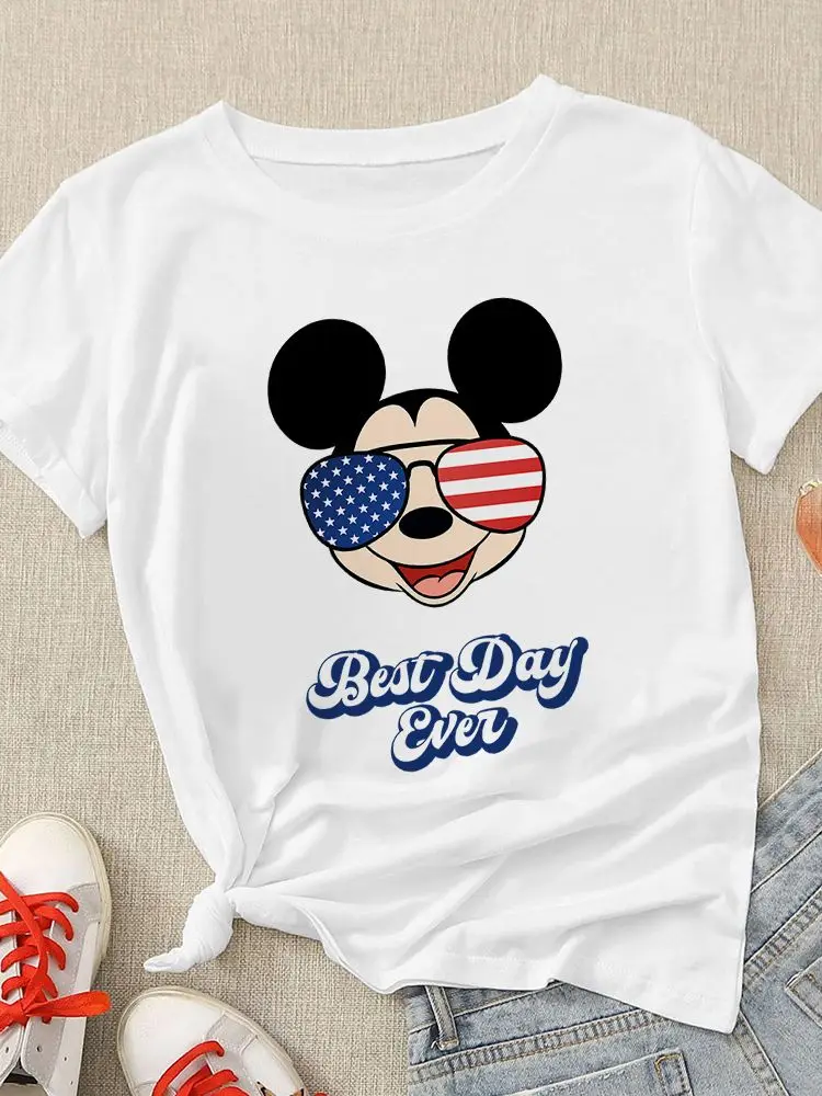 

Летняя футболка Disney, новинка, крутая женская футболка с американским флагом Микки и солнцезащитными очками, белая модная универсальная ули...