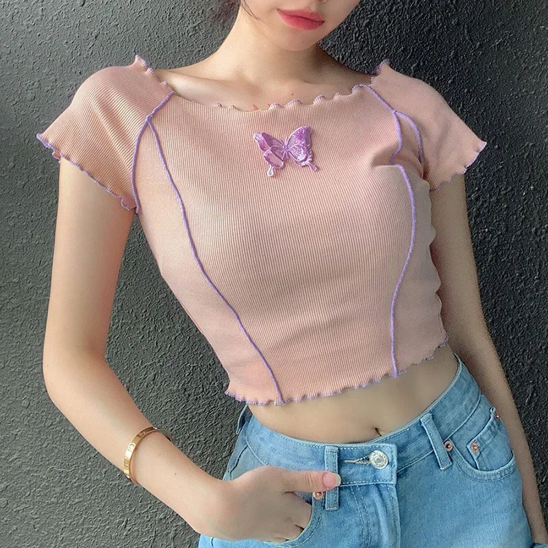 

2021 New Summer Sweet Butterfly Appliques Ruffles Hems Crop Tops Y2K Style O-neck Short Sleeve Pink T-shirts Fashion Tees