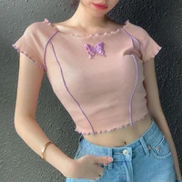 2021 new summer sweet butterfly appliques ruffles hems crop tops y2k style o neck short sleeve pink t shirts fashion tees