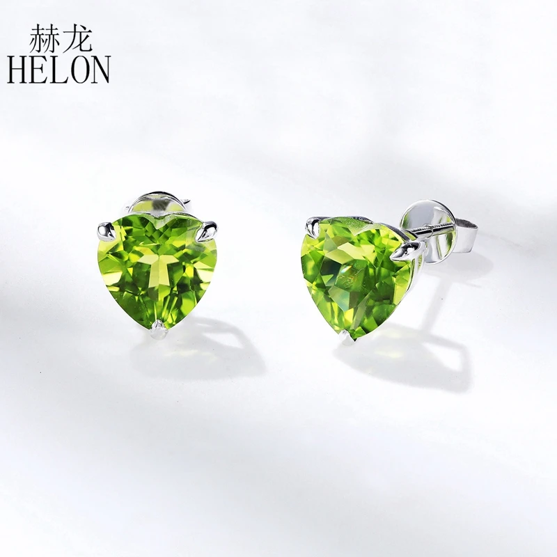 

HELON Genuine Peridot Stud Earrings Solid 18k 14K 10K White Gold Natural Peridot Gemstone Earrings Women Heart Style Jewelry