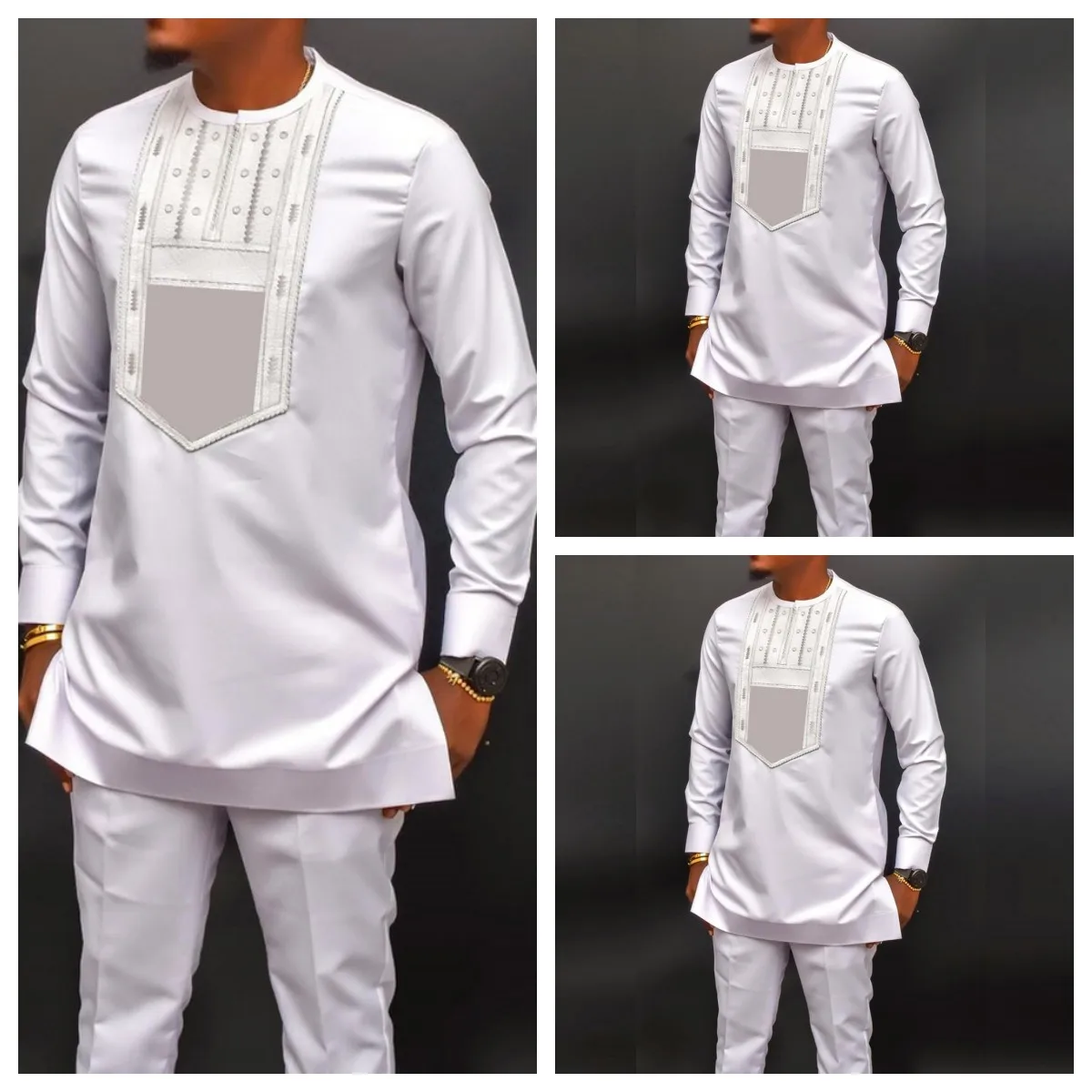 2023 Simple New Suit Men's 2-piece Men's Round Neck Stitching Solid Color Long Sleeve Festival Social African Ethnic Style