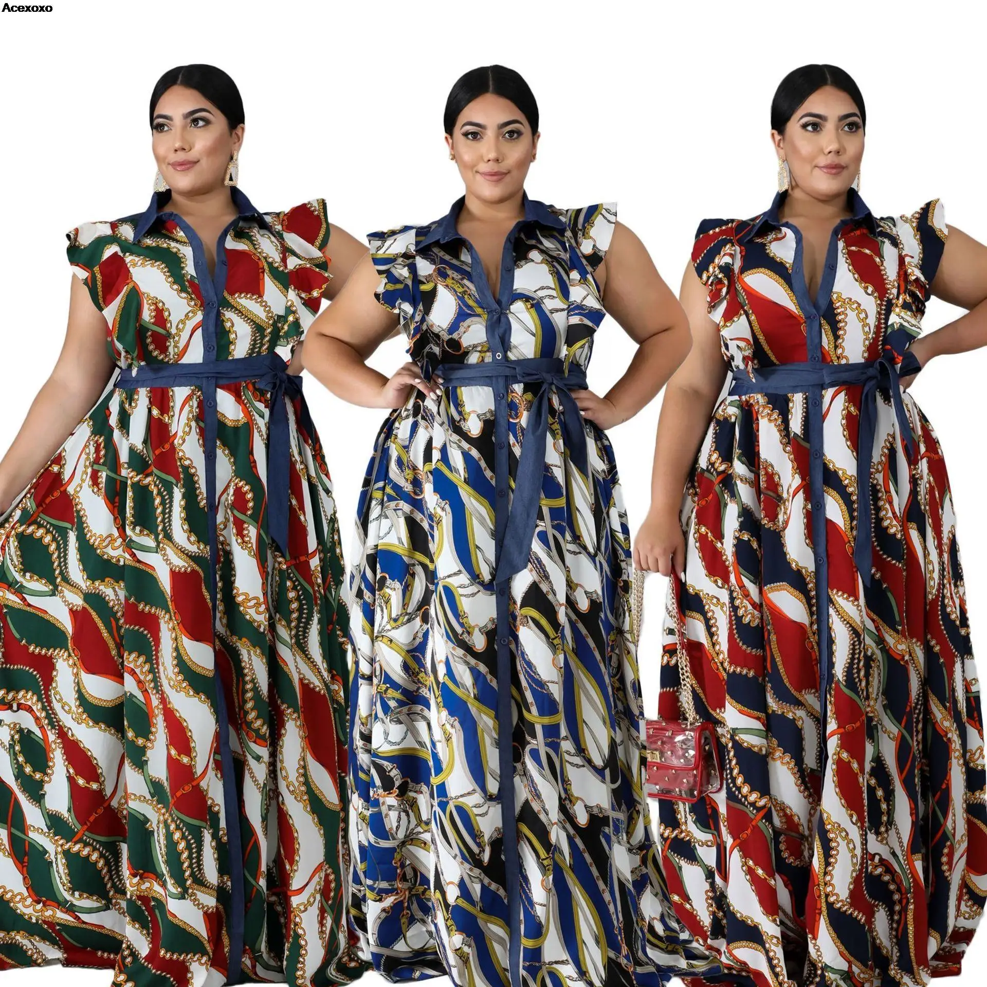 

Summer new women's fashion casual color printed lace-aup V-neck plus-size dress