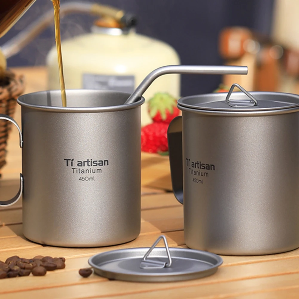 

1pc Titanium Tea Cup With Mesh Bag For Ta8354 Camping Pot Coffee Milk Mug With Lid Fixed Handle Outdoor Anti-corrosion 450ml