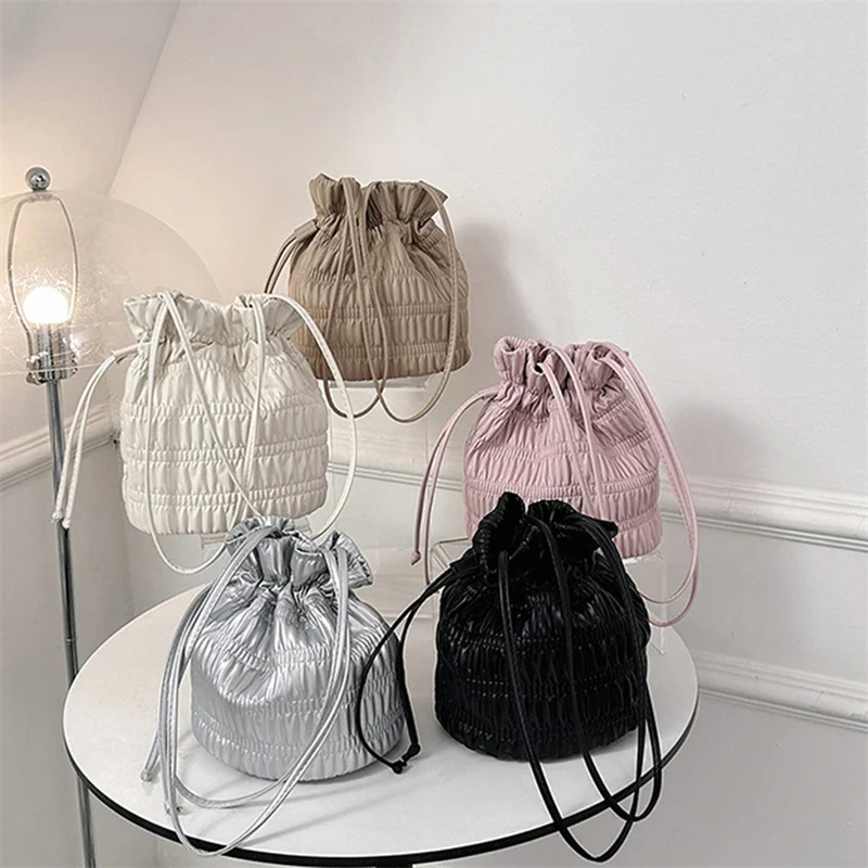 

Женская сумка-ведро в форме подмышки, мягкие и милые сумки через плечо, плиссированные Сумки из искусственной кожи на шнурке