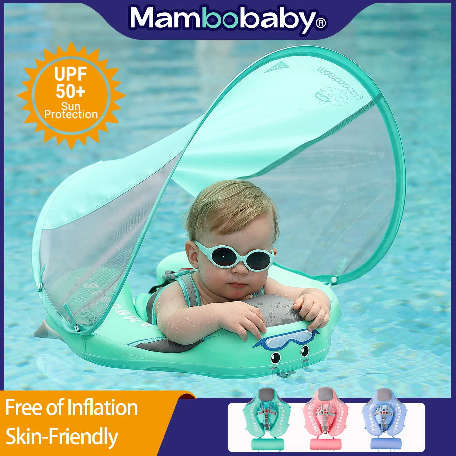 

Mambobaby Classic Baby Float Non Inflatable Add Tail Avoid Flip Over Swim Trainer Solid Infant Pool Float with Canopy