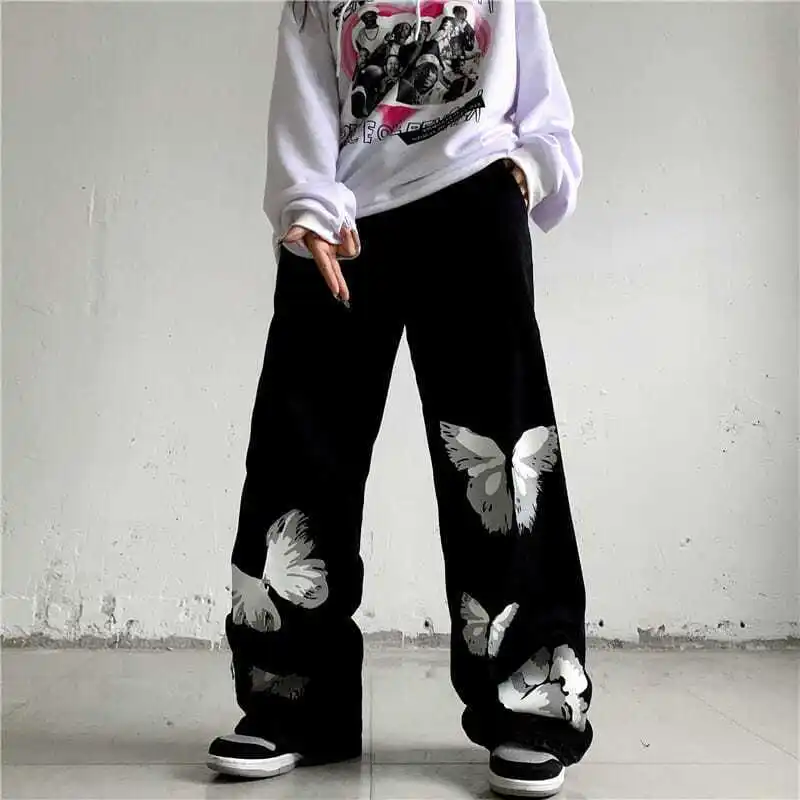 

Y2k Pants Butterfly Wide Legged Black Women Trousers Long Print Street Harajuku High Waisted Jeans Loose Male Straight Slouchy