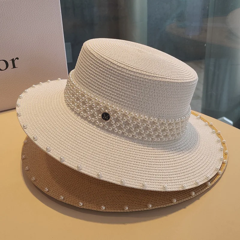 

Summer Women Pearl Sun Hat Casual Vacation Panama Flat Top Straw Hat Women Wide Brim Beach Hat Sombreros De Mujer