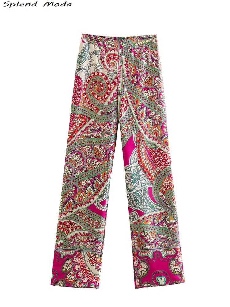 

2022 Za Women Summer Fashion Bohemian Style Vintage Floral Print Straight Long Pants Holiday Chic Elastic Waist Pockets Trousers