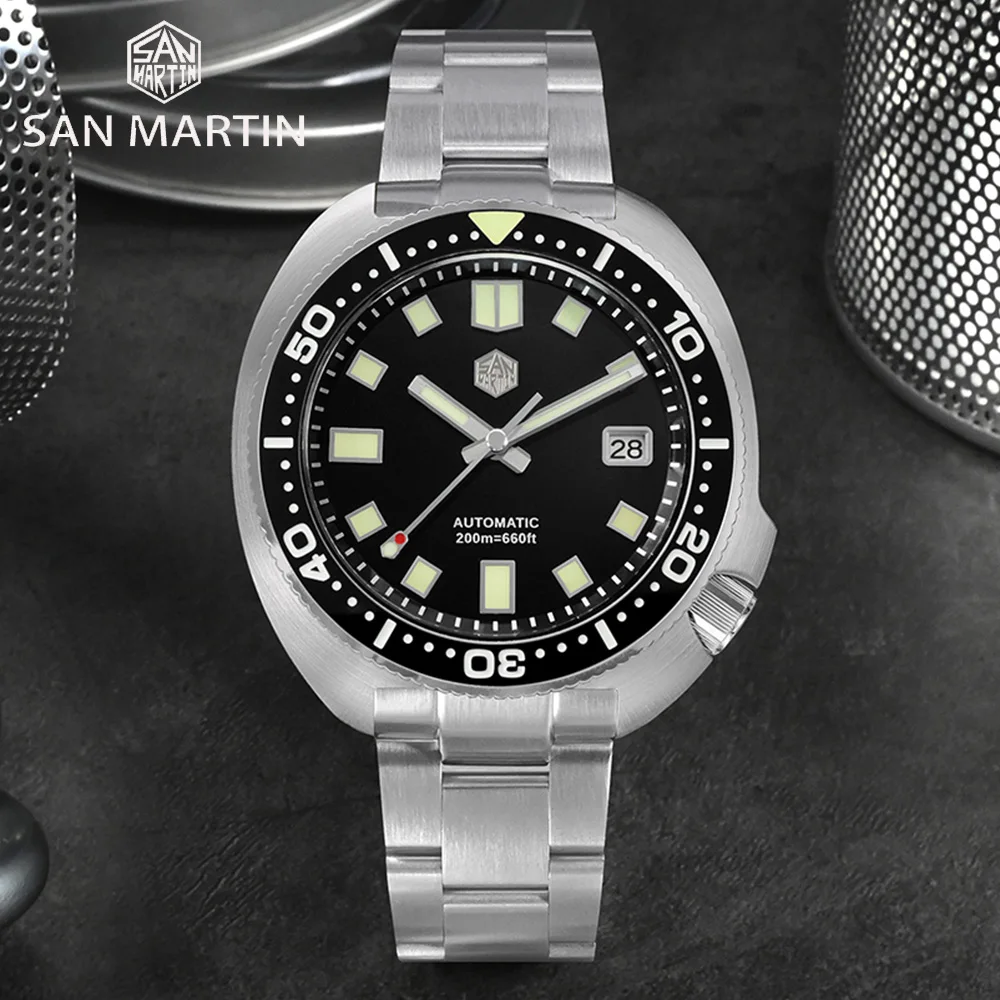 

San Martin Luxury Men Watch 44mm New Turtle Diving NH35 Automatic Mechanical Sapphire Bracelet 20 Bar Luminous Relojes часы