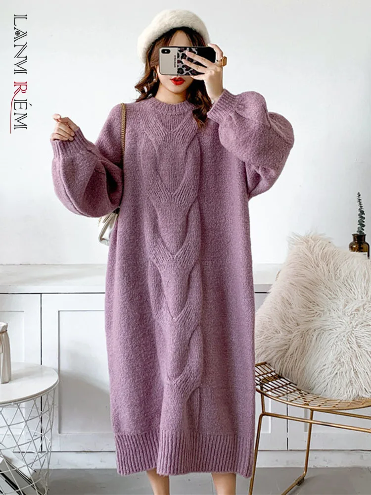 

LANMREM Wool Mohair Blend Knitted Long Sweater Women 2023 Spring And Winter Round Neck Loose Thick Warm Outwear Pullover 2R4065