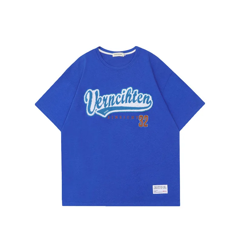 

Japanese Tide Brand T-shirt Klein Blue Letter Flocking Short-sleeved Cotton T-shirt Male Hip-hop Street Loose Casual Couple Tees