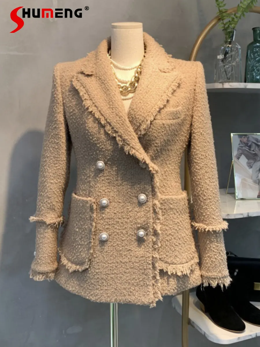 Fashion Socialite Long Sleeve Tweed Suit Jacket Women 2023 Autumn Winter New Clothes High-End Temperament Slim Fit Woolen Coat