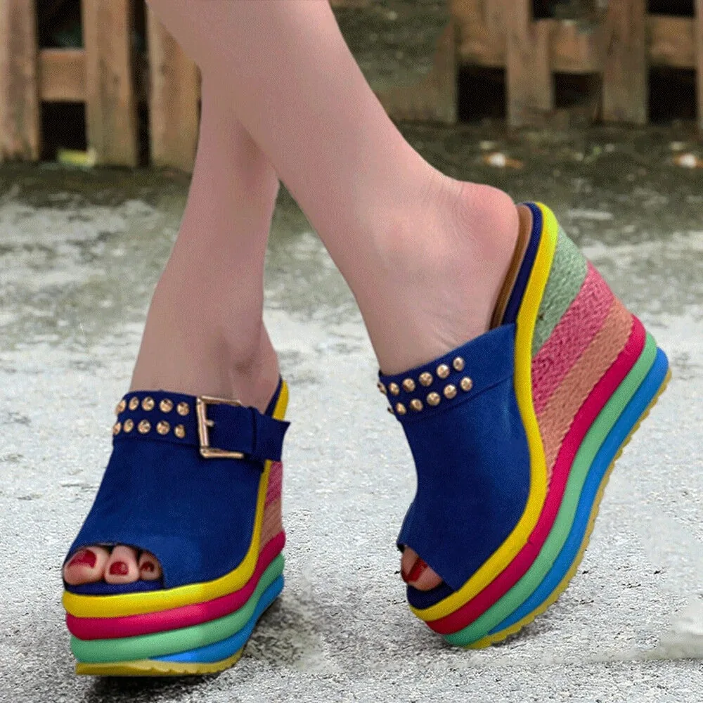Women Wedges Shoes New Summer Bohemia Casual Rainbow Peep Toe Platform Sandals Slippers Womens Sexy Mules Party High Heels