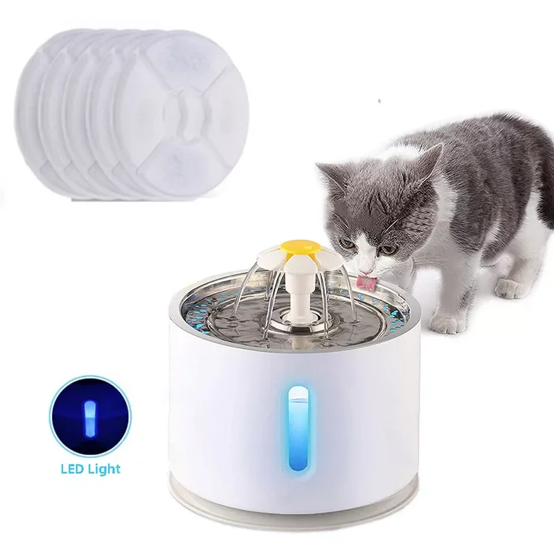 

2022New Automatic Pet Cat Water Fountain with LED Lighting 5 Pack Filters 2.4L USB Dogs Cats Mute Drinker Feeder Bowl Drinking D