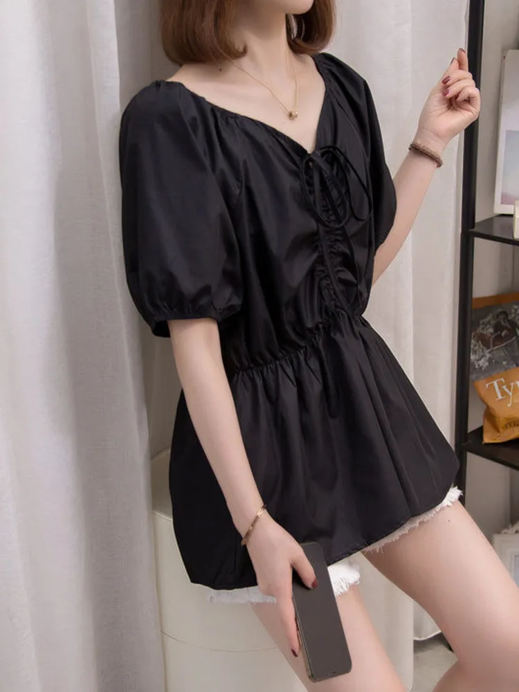 

Oversize V-neck Blouses Women 2022 Summer Fashion Sweet Pleated Waist Short Sleeve Shirt Korean Style Black Tops Female Lace Up