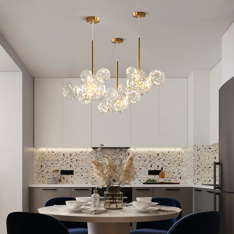 

Kobuc Gypsophila LED Chandelier Lighting Iron Glass Bubbles Gold Chandelier LED Lamp For Dinning Room Foyer Indoor Decor Light