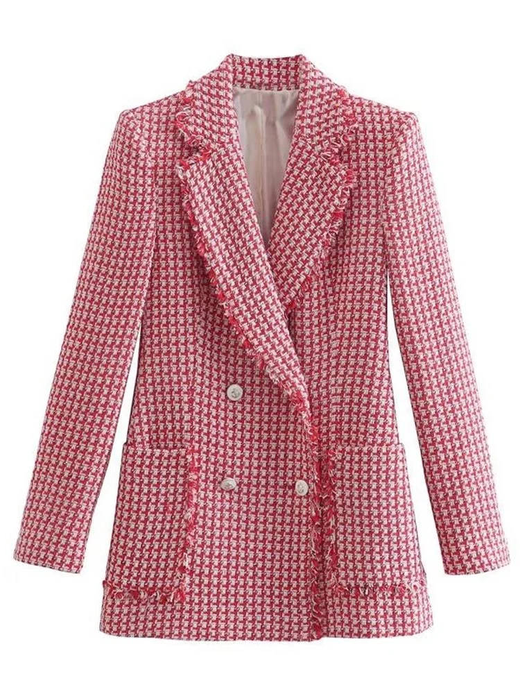 

Женский твидовый двубортный пиджак TRAF, винтажный пиджак с длинным рукавом и потертостями, уличная одежда, 2022