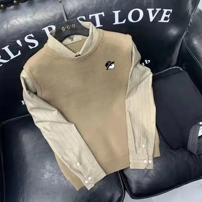 Malbon Golf Shirts Men's Golf Clothing Autumn Winter False 2 Pieces Sweater Golf Vest Golf Clothes Men's Golf Knitted Sweater