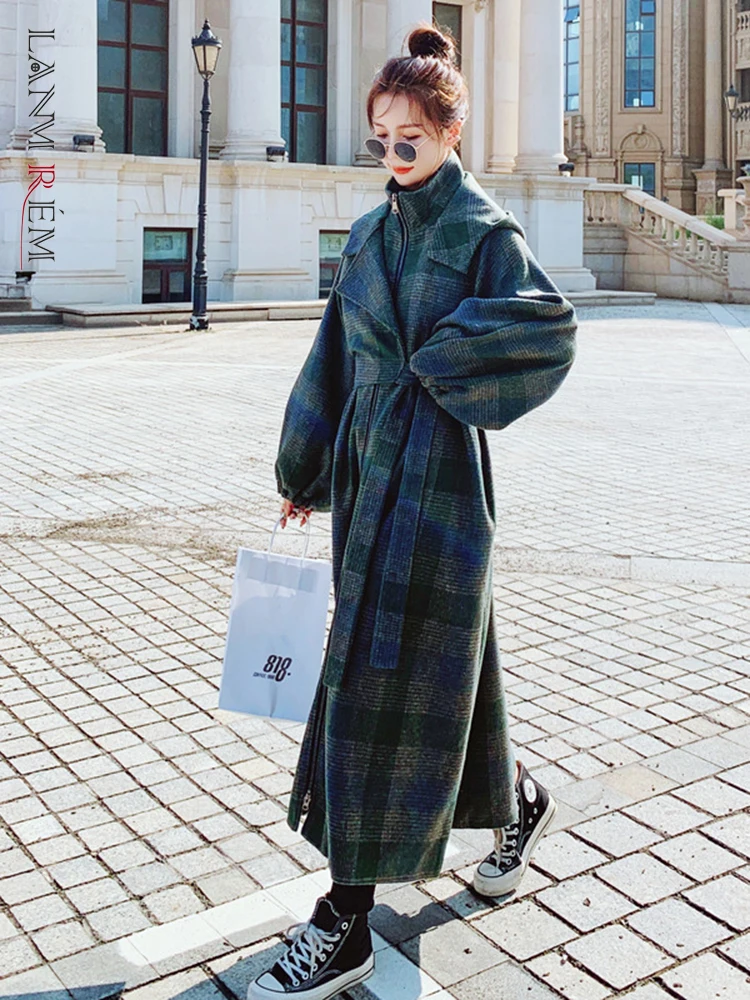 

LANMREM Korean Style Plaid Fur Coat Hooded Long Length Lantern Sleeves Zipper Thick Woolen Coats With Belt Fashion Winter 2R6704