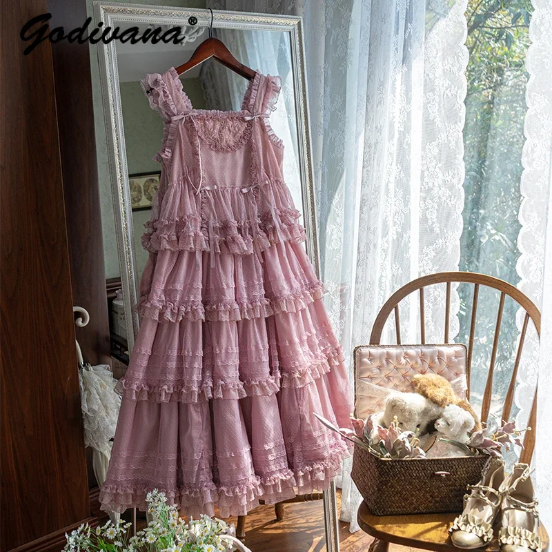 Женское милое розовое сетчатое кружевное многослойное длинное платье в горошек