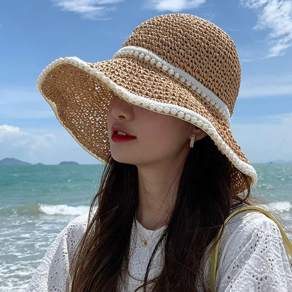 

Панама женская Соломенная складывающаяся с защитой от УФ-лучей и жемчужинами