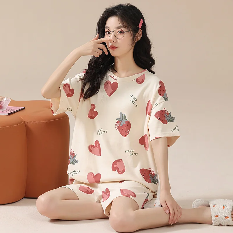 Pajamas for Women's Summer Pure Cotton Small Fresh and Sweet Short-sleeved Shorts Home Suit Breathable Nightwear with Round Neck
