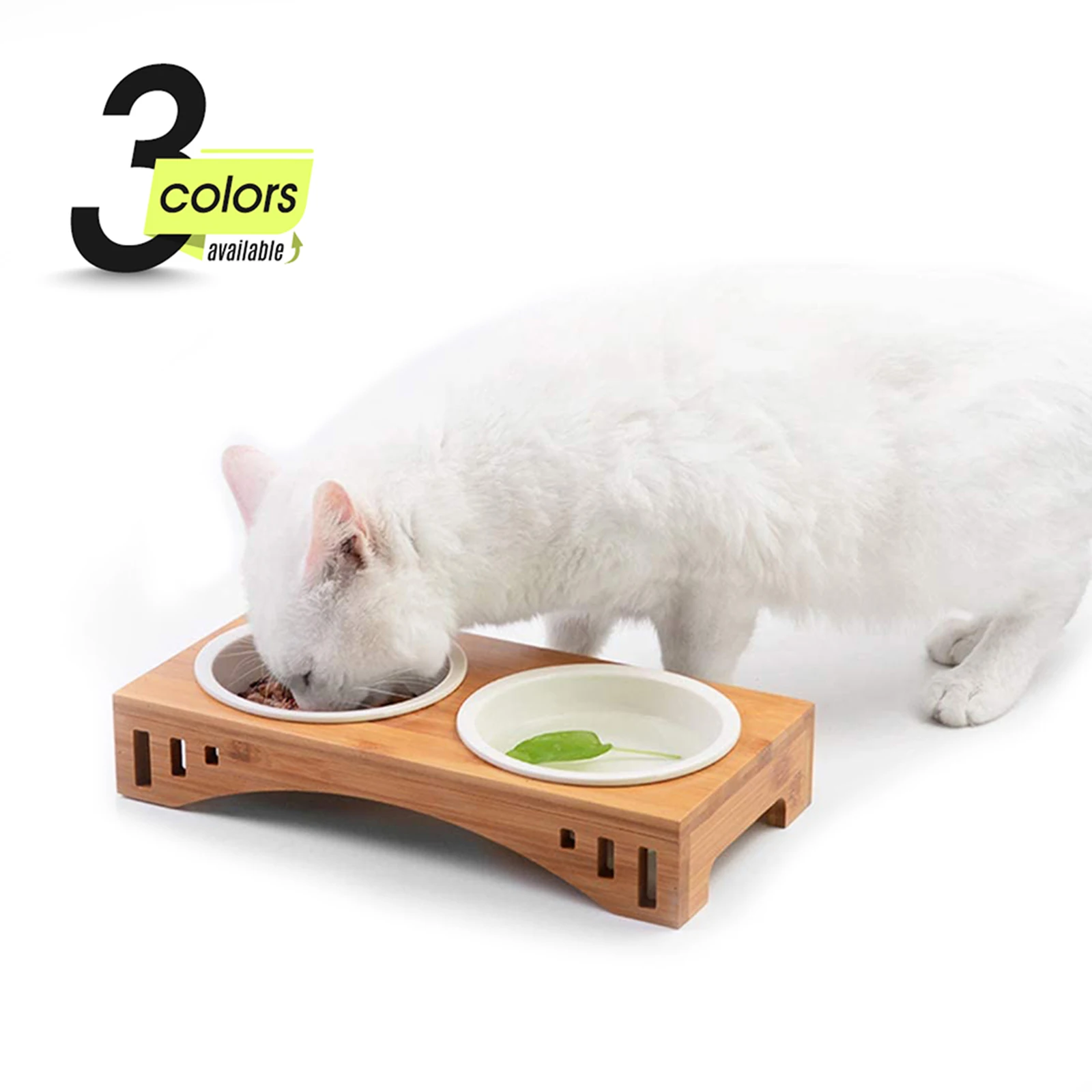 

Cat Bowls Elevated Pet Bowls, Raised Dog Cat Feeder Solid Bamboo Stand Ceramic Food Feedin PBW250