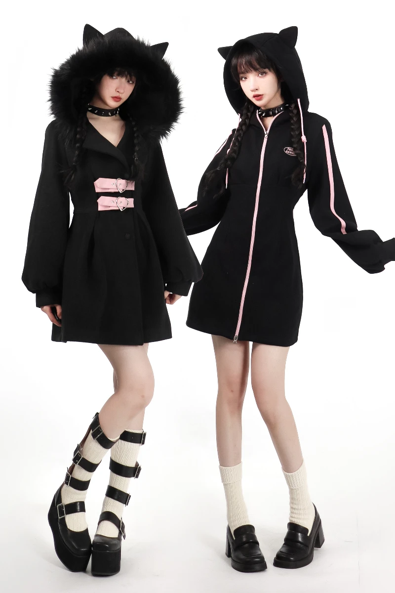 Sweet Ladies Big Fur Collar Slim Waist Warm Mid-length Woolen Coat 2023 New Cute Women Winter Pink Black Slimming Shirt Student