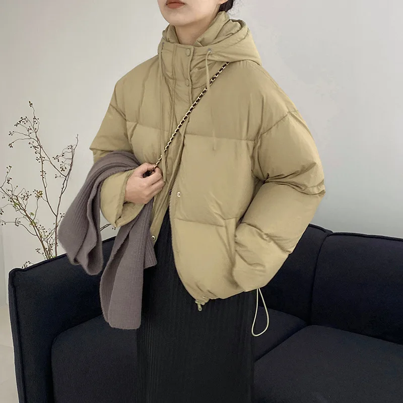 Hooded down jacket bread jacket women's white duck down solid color cotton coat