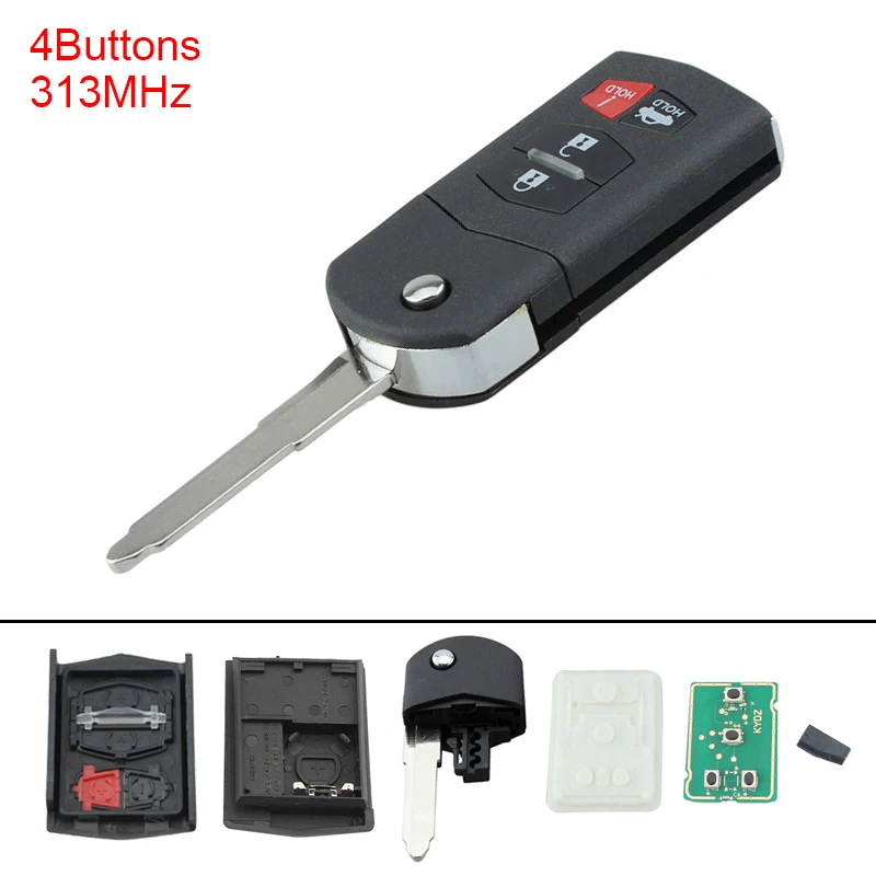 

313MHz 4 Button Keyless Uncut Flip Remote Car Key Fob KPU41788 with ID63 Chip 80 Keyless Entry Transmitter for Mazda 2004-2012