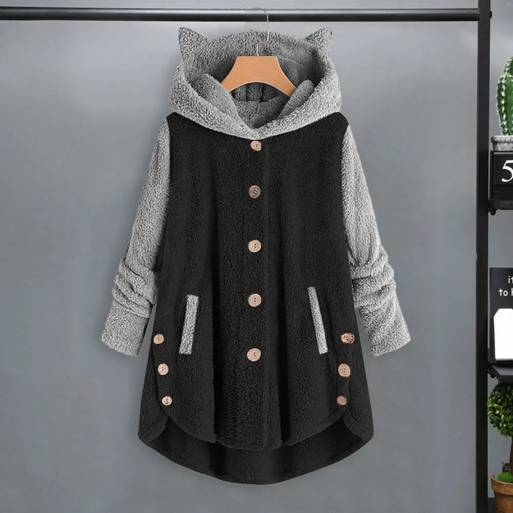 

Женское плюшевое пальто с капюшоном, Милая зимняя куртка с кошачьими ушками, дизайнерское Асимметричное пальто с пуговицами, женская одежда