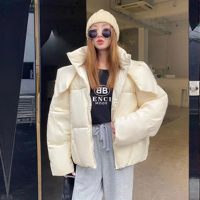 Short Hooded Coat Thick Warm Winter Jacket Women Casual Loose Stand Collar Oversize Outerwear Fmeale Solid Parka