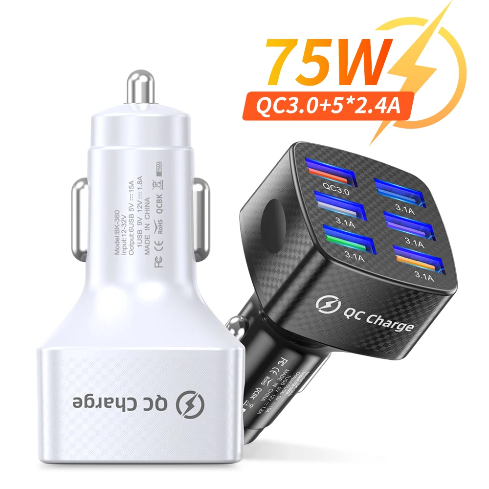 

Автомобильное зарядное устройство 75 Вт, быстрая зарядка 3,0, супер быстрая зарядка для iPhone 13 Pro, Samsung Xiaomi, быстрое зарядное устройство с 6 USB-пор...