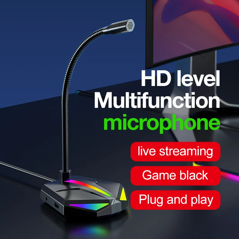

USB Microphone For PC Computer For Blogger With RGB Light USB Jack Free Drive Noise Reduction 360° Rotate HD Receiver