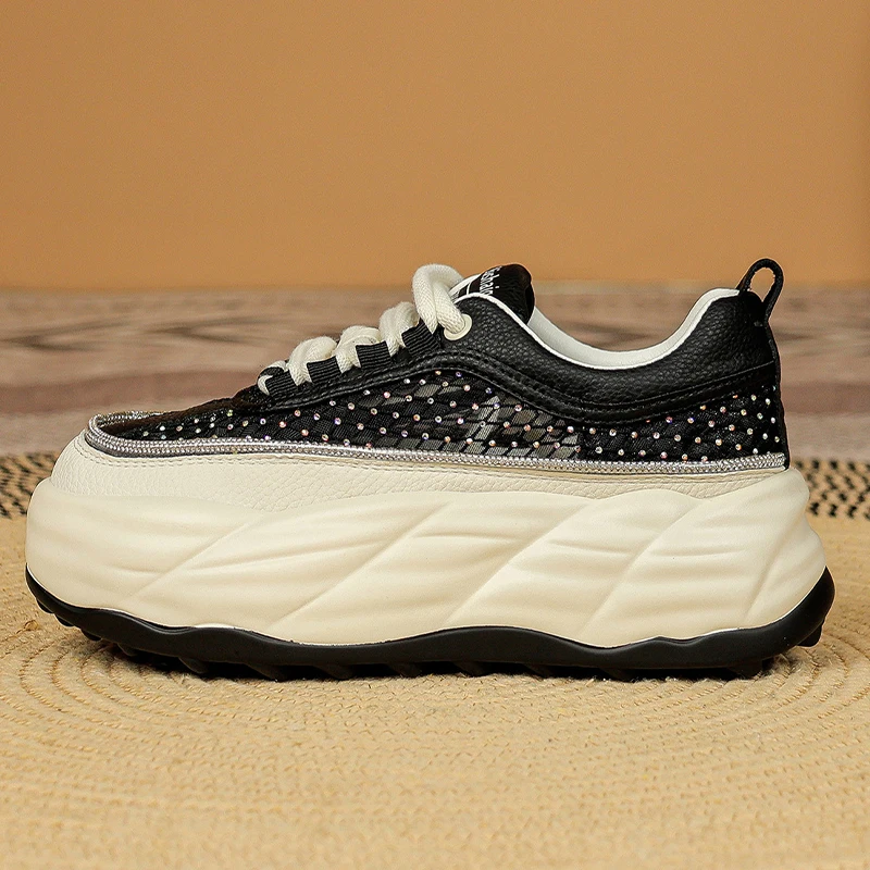 Rhinestone Decor 5cm Air MeshGenuine Leather Slides Hollow Ladies Summer Breathable Female Platform Sandals Wedge Shoes