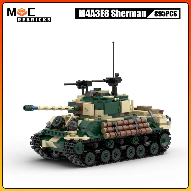 Фото Армейский танк времен Второй мировой войны M4A3E8 Sherman MOC, строительные блоки, военное оружие, трек, бронеавтомобиль, модель головоломки, кирпичи, игрушки, подарки для детей №1