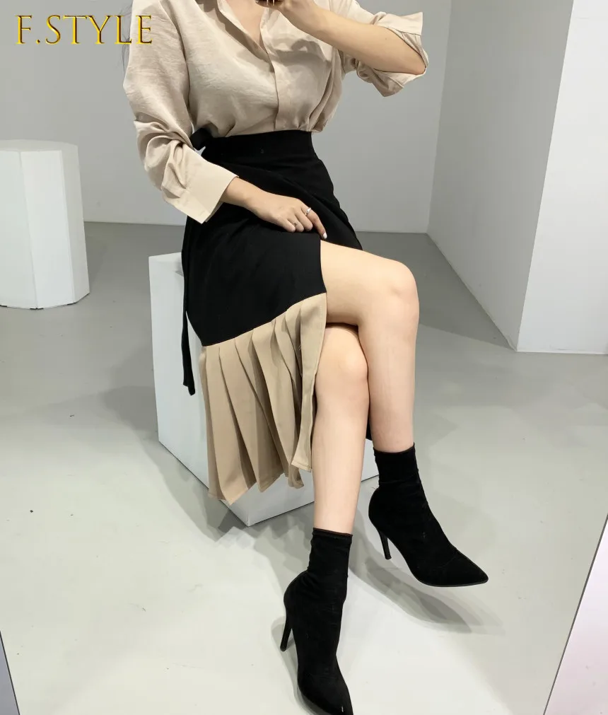 

F GIRLS Korean Chic Temperament Gloss Long Sleeve Shirt Lapel Blouse Retro High Waist Lace Up Contrast Patchwork Pleated Skirt