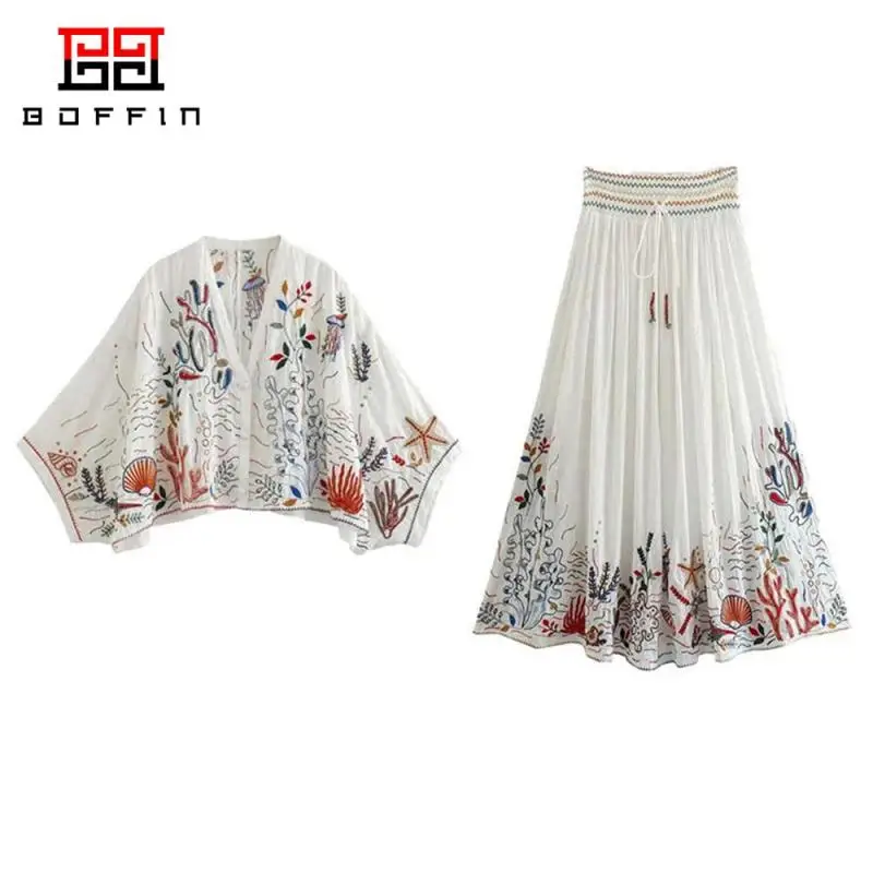 

BOFFIN Sweet Fashion Embroidery Cotton Women's Blouses New 2023 Vintage V-Neck Female Shirts Casual Ladies Two-Piece Top Skirt