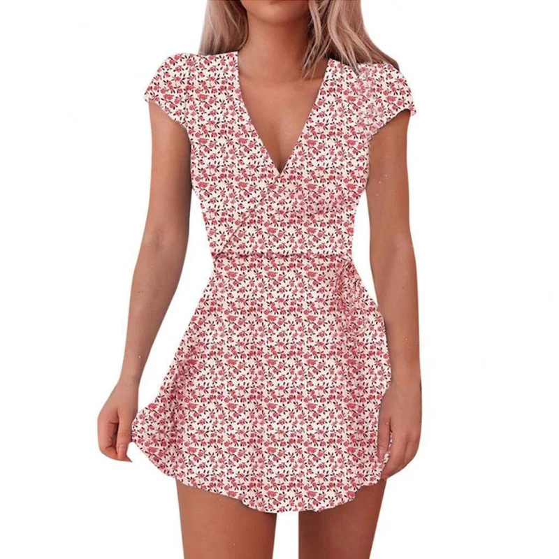 

V Low Neckline Floral Fan Dress Fashion Loose Fitting Girl Wind And Snow Spinning Summer Short Skirt