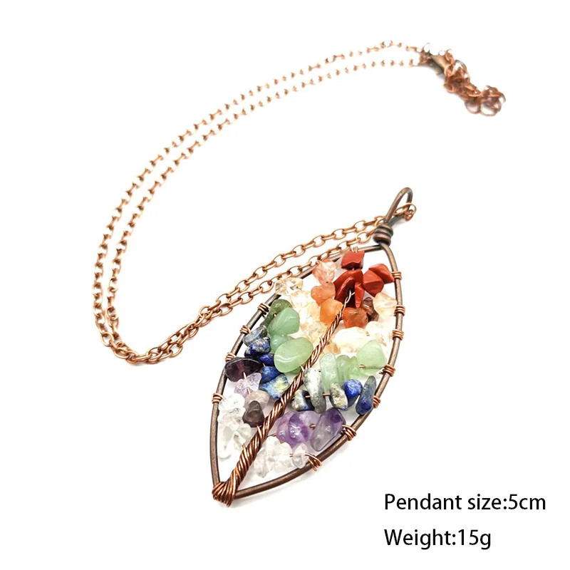 

New Natural Stone Seven Chakra Leaf Charm Pendant Necklace For Women Tree Of Life Healing Colored Crystal Clavicle Chain Jewelry