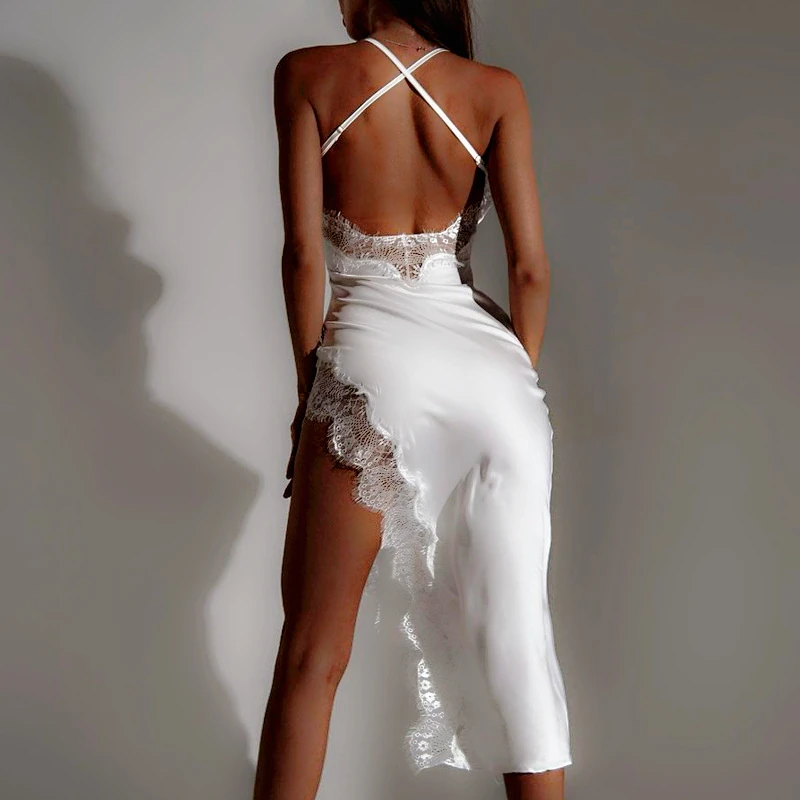 

Lace Patchwork Elegant Bodycon Dress Sexy Backless Side Slit Women Long Dress Night Club Party Slim Dress Princess White Dress