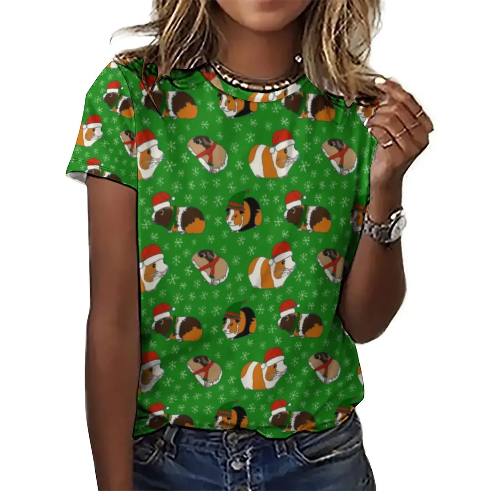 

Футболка женская с принтом морской свинки, праздничная дизайнерская рубашка с коротким рукавом, повседневный топ с рождественским принтом,...